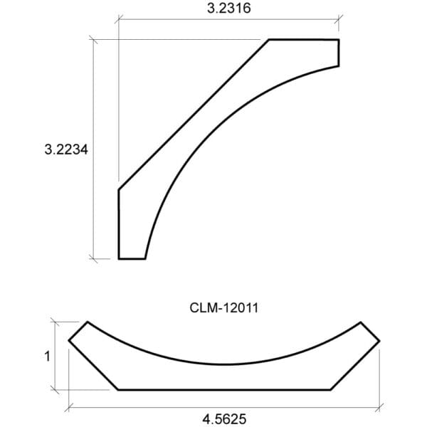 A drawing of the side view and front view of a curved piece.