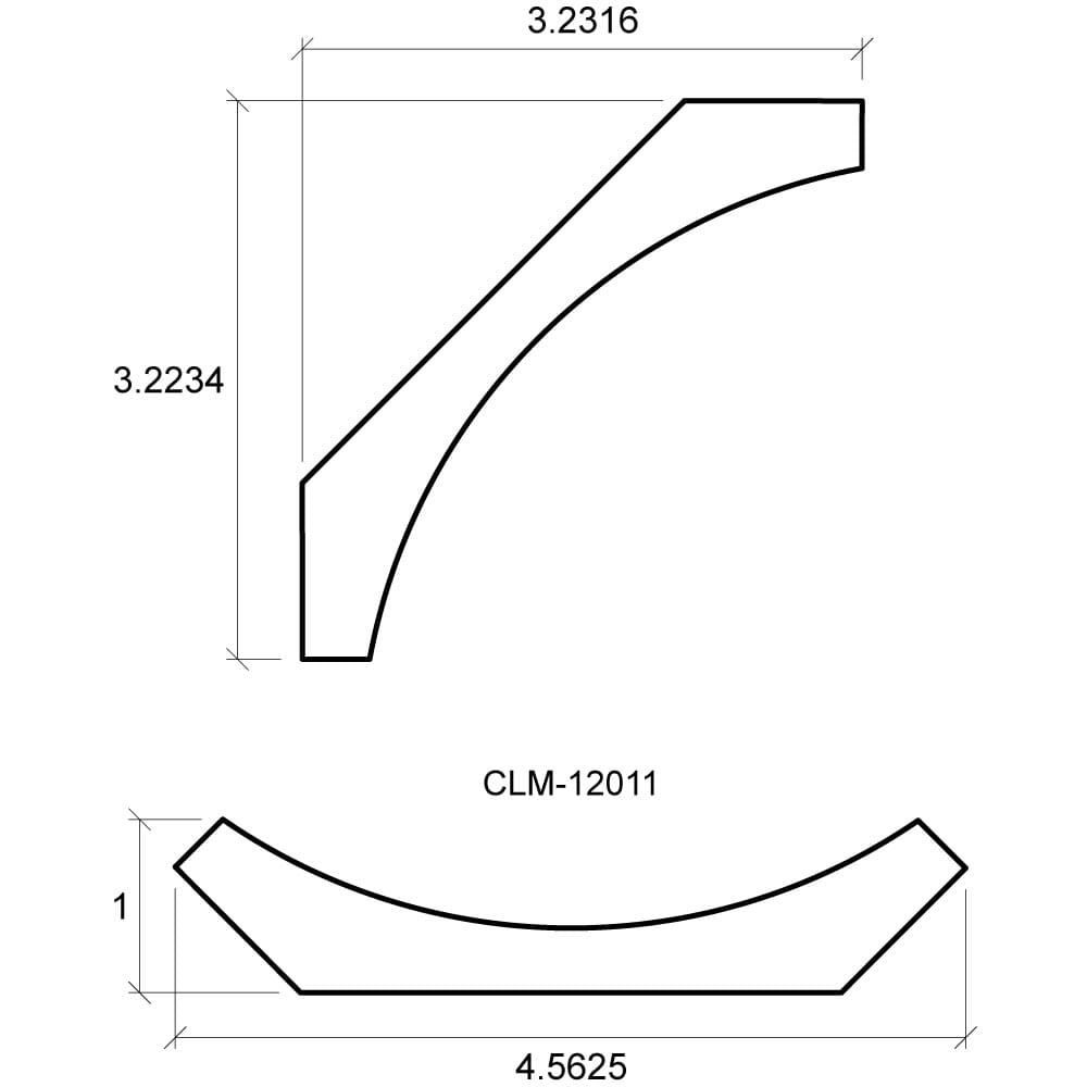 A drawing of the side view and front view of a curved piece.