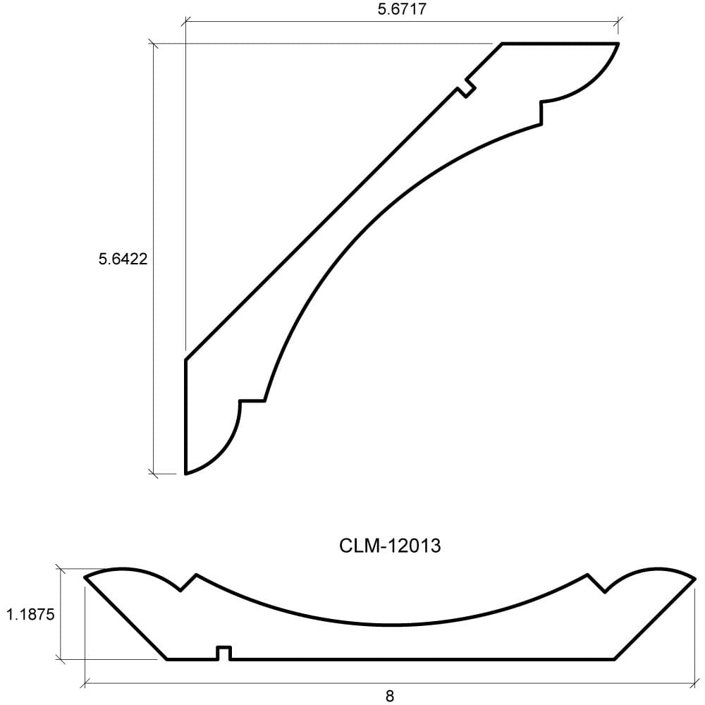 A drawing of the side view and front view of a curved piece.