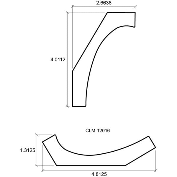 A drawing of the side view and length of a curved piece.