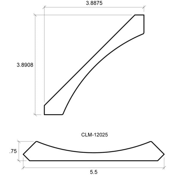 A drawing of the side view and length of a curved corner.