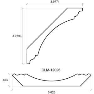 A drawing of the side view and length of a curved piece of wood.