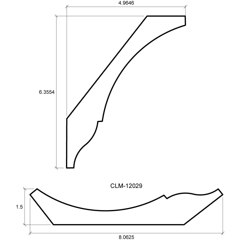 A drawing of the side and front view of a curved piece of wood.