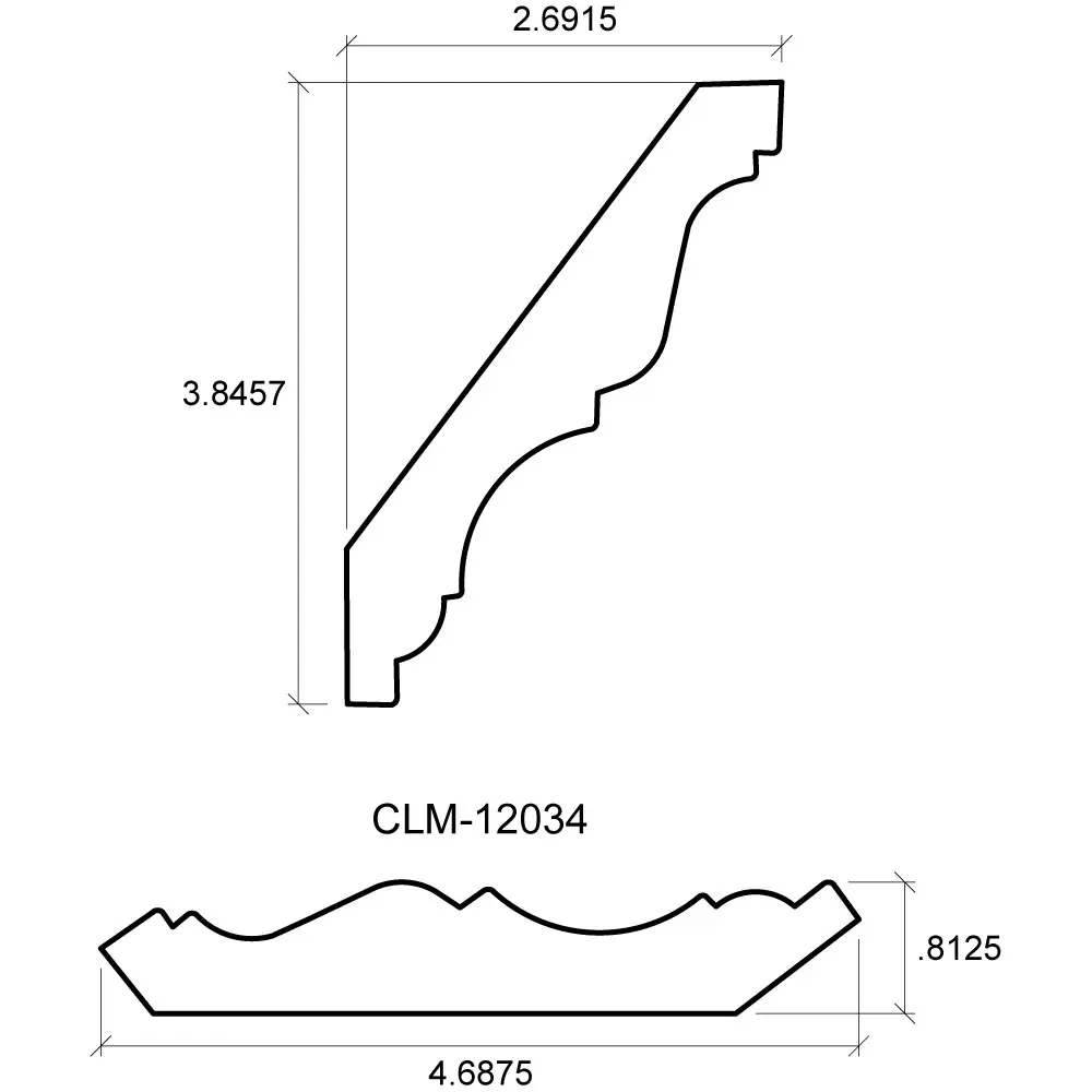 A drawing of the side view and length of a corner piece.