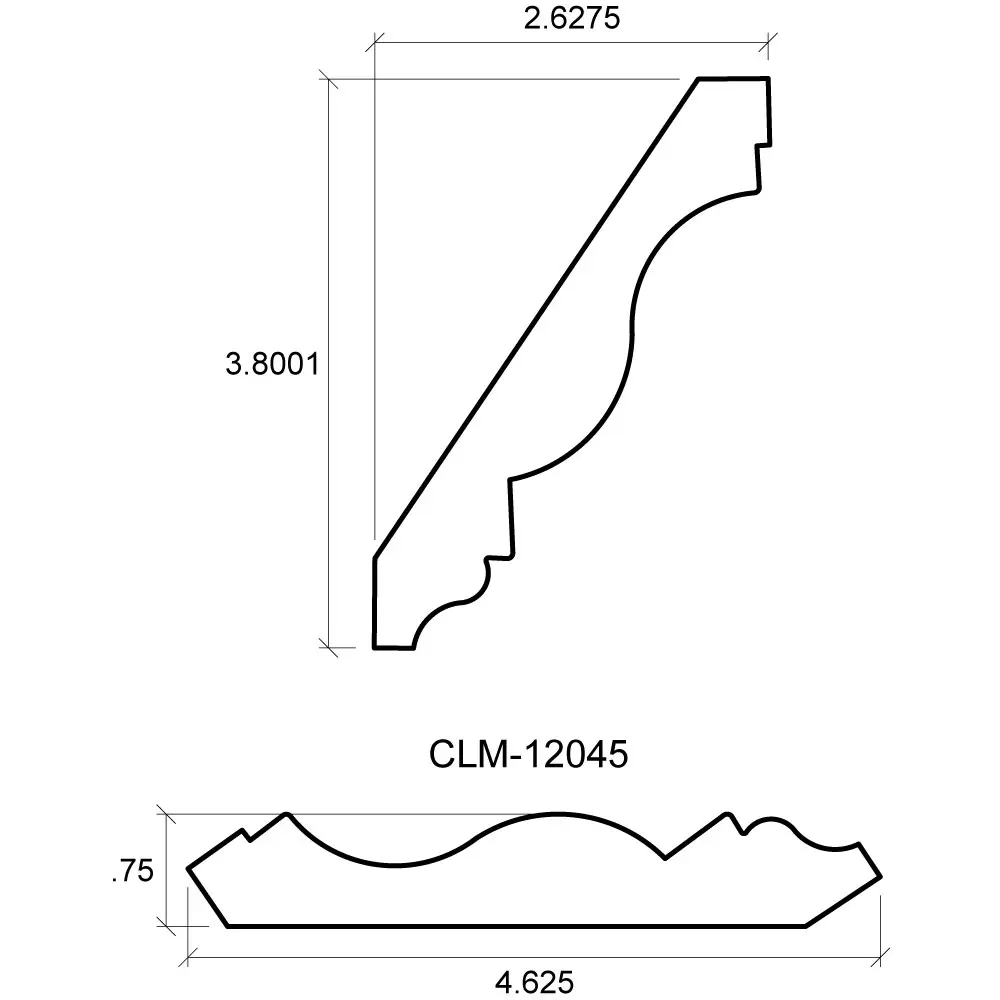 A drawing of the side view and length of a crown molding.