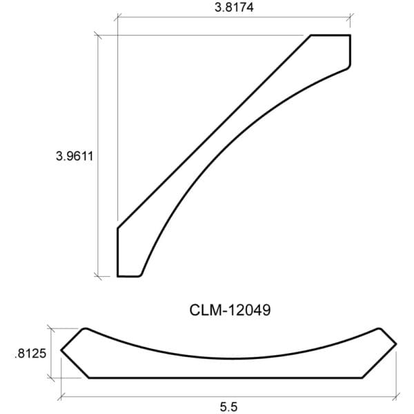 A drawing of the side view and top view of a curved piece.