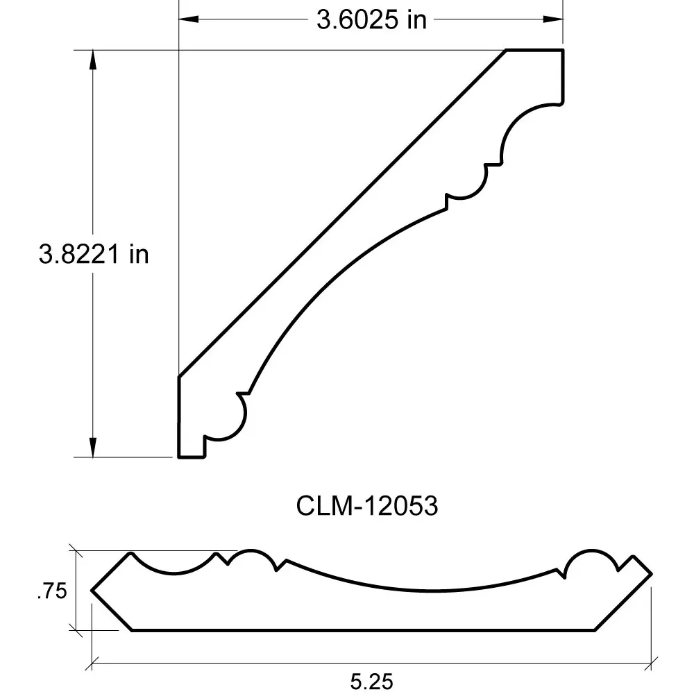 A drawing of the side view and length of a decorative molding.