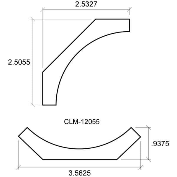 A drawing of the side view and front view of a curved wall.