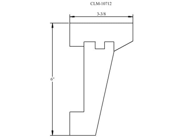 Line drawing of a 6 inch by 3 3/8 inch bracket.