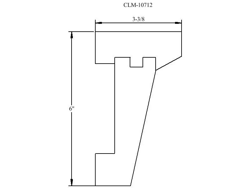 Line drawing of a 6 inch by 3 3/8 inch bracket.