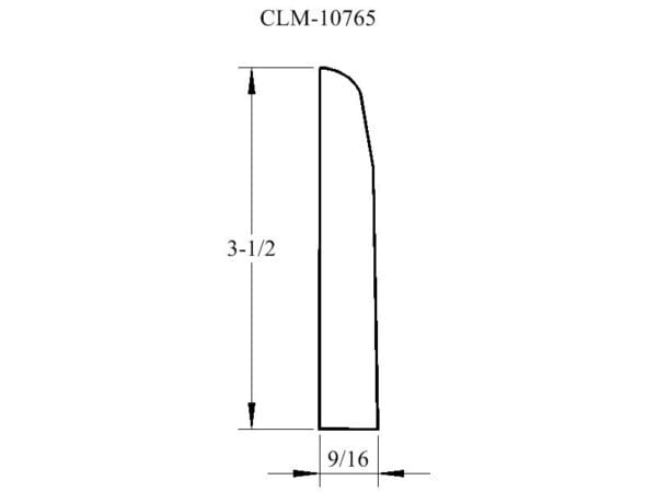 Line drawing of a curved molding piece.