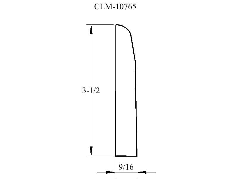 Line drawing of a curved molding piece.