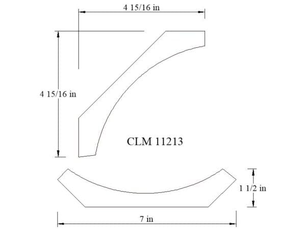 Line drawing of a curved molding piece.